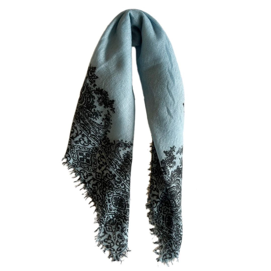 Cashmere Whisper Paisley Scarf - Mid Blue/Black