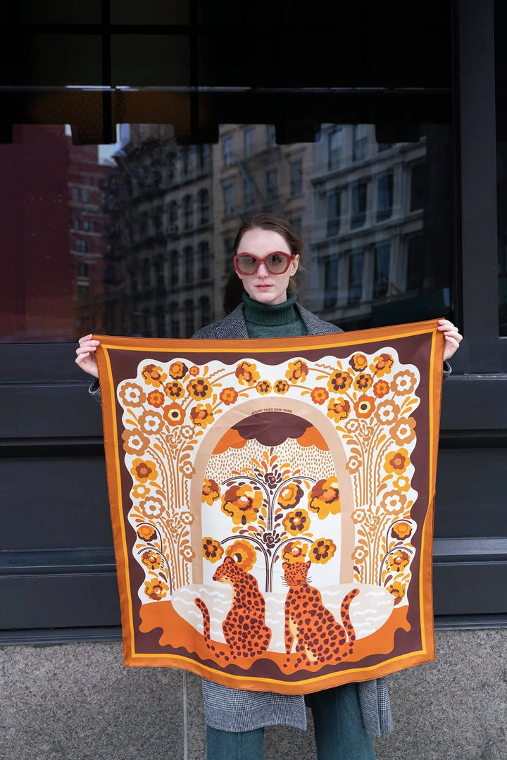 Leopards w/ Floral Fountain Silk Scarf