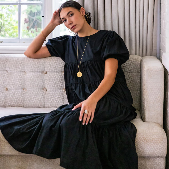 Short Sleeved Tiered Midi Dress- Black