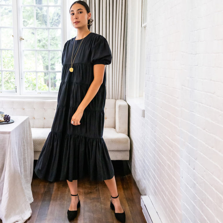 Short Sleeved Tiered Midi Dress- Black