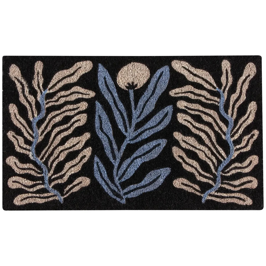 A door mat with cream and blue plant designs on it.