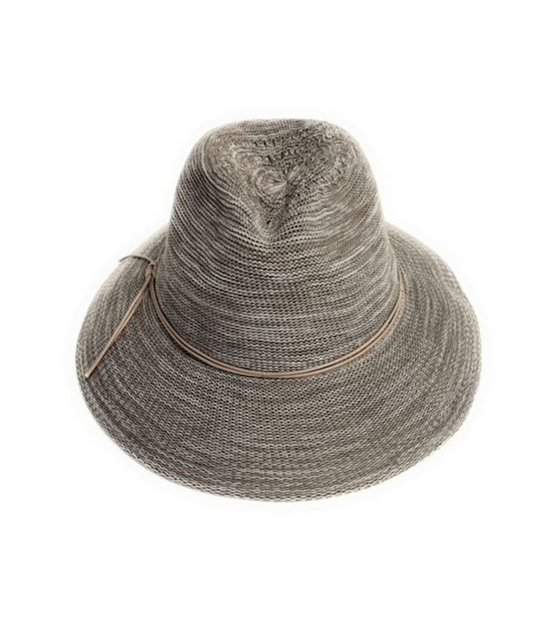 A taupe wide brim hat with a thin vegan leather band.