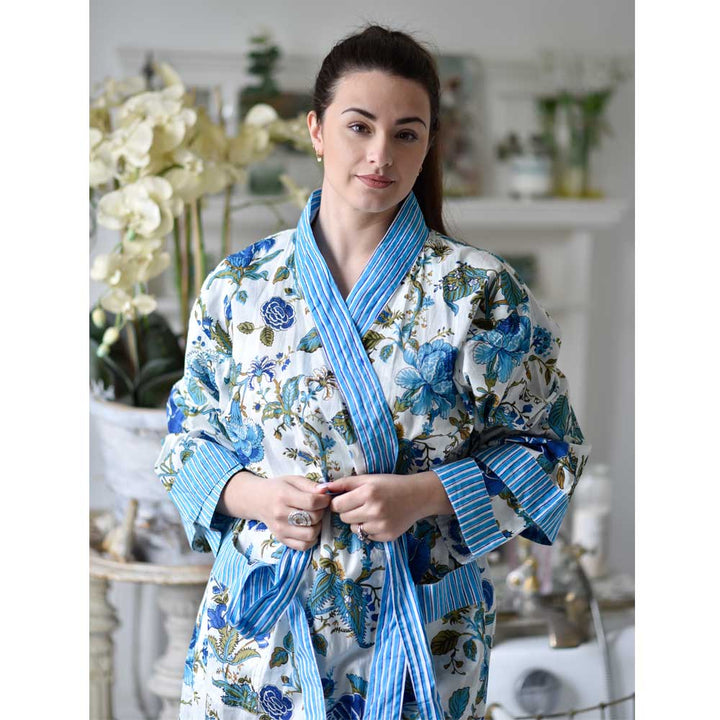 Blue Rose Print Summer Robe