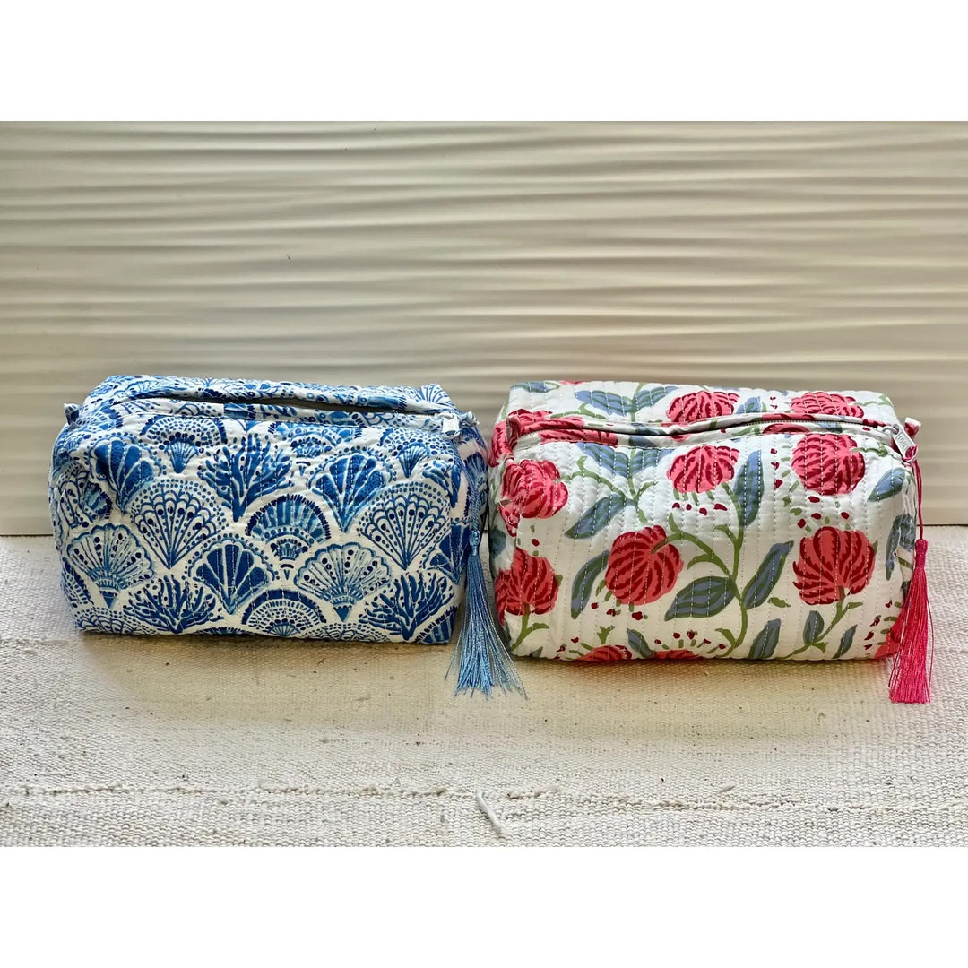 Block Print Quilted Cosmetic Bag- Blue Shells