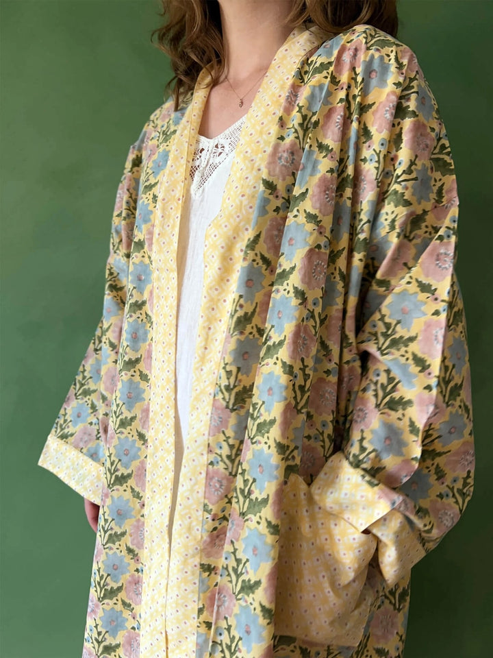 Block Print Cotton Robe- Buttermilk