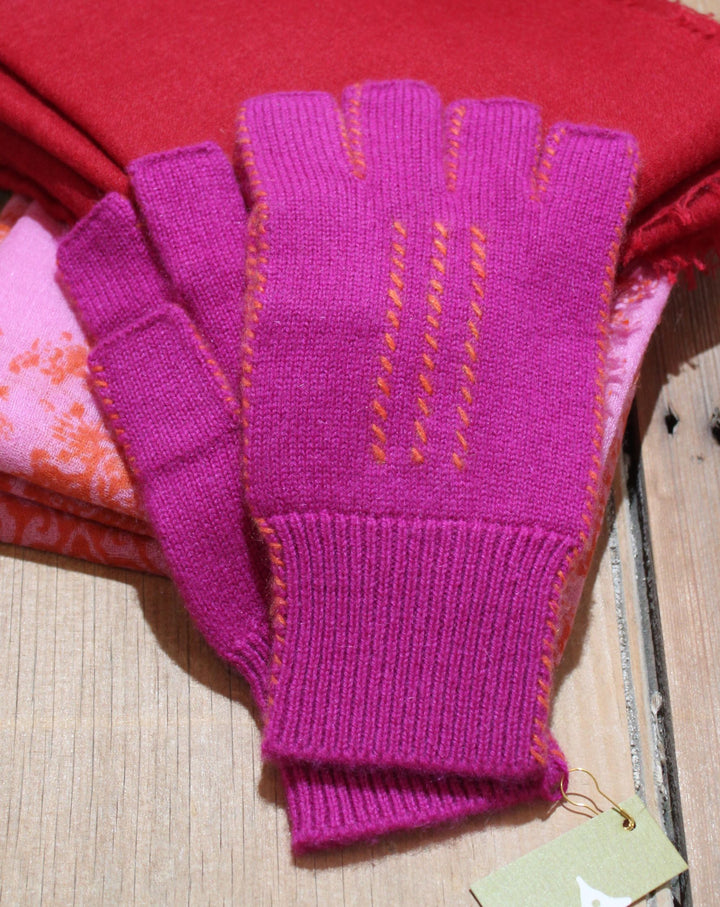 Cashmere Fingerless Gloves- Fuchsia & Orange