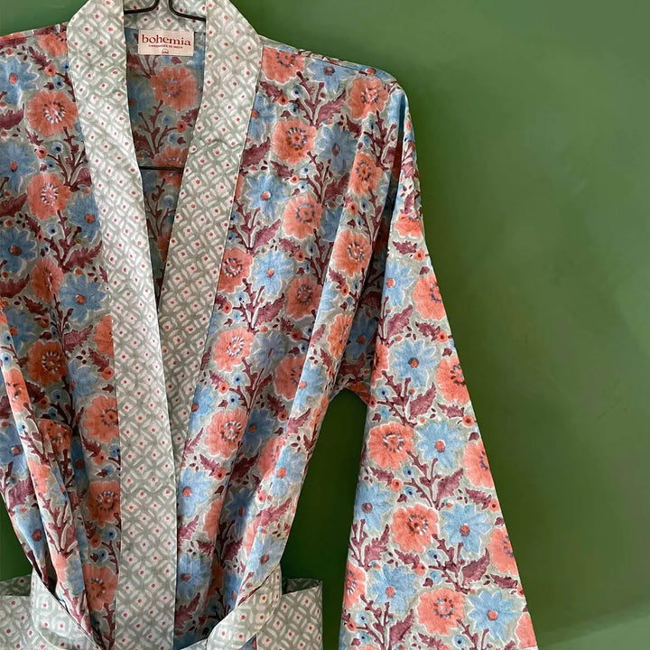 Block Print Cotton Robe- Duck Egg