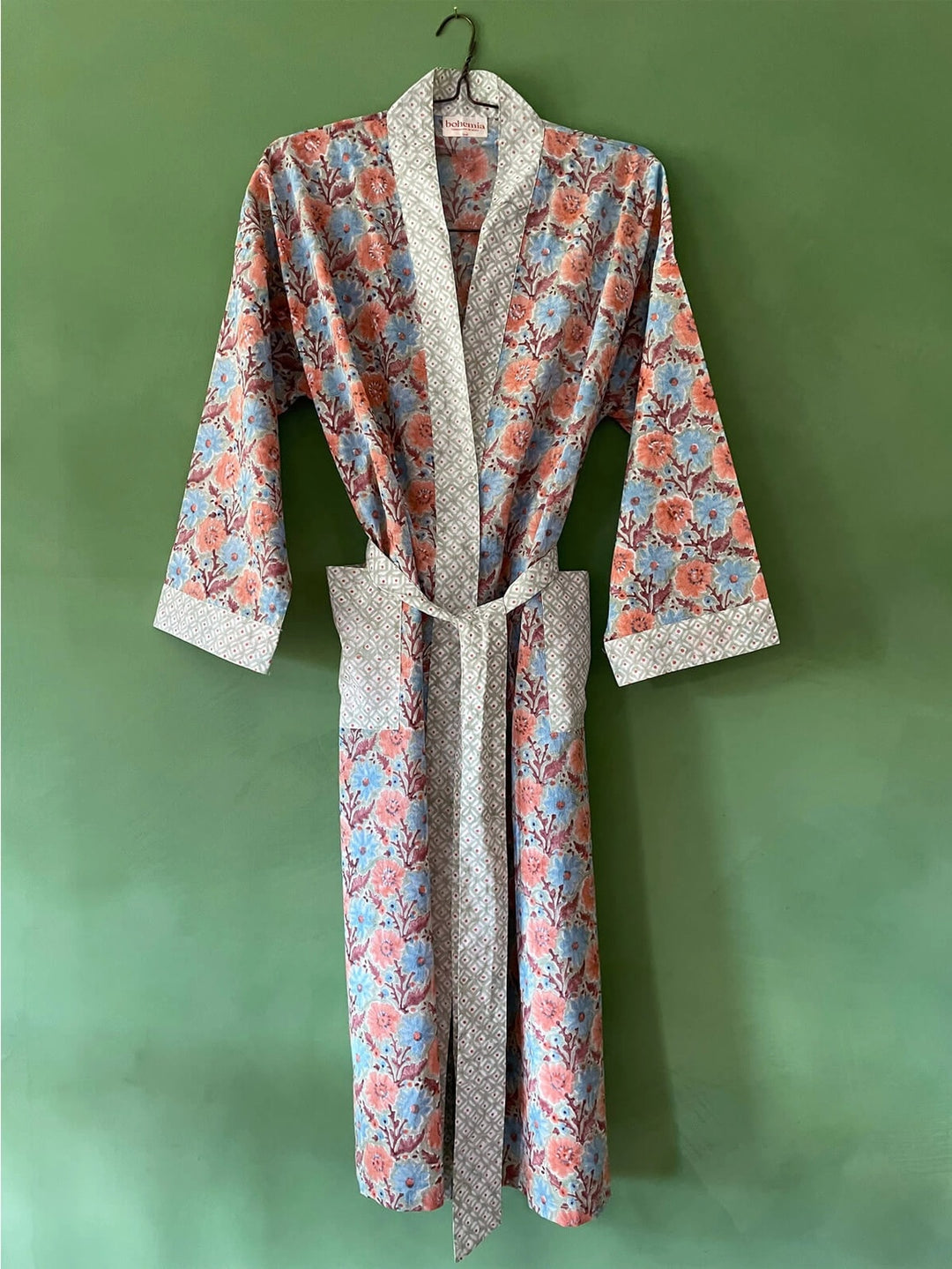 Block Print Cotton Robe- Duck Egg