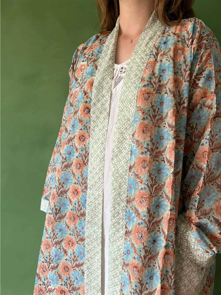 Block Print Cotton Robe- Duck Egg