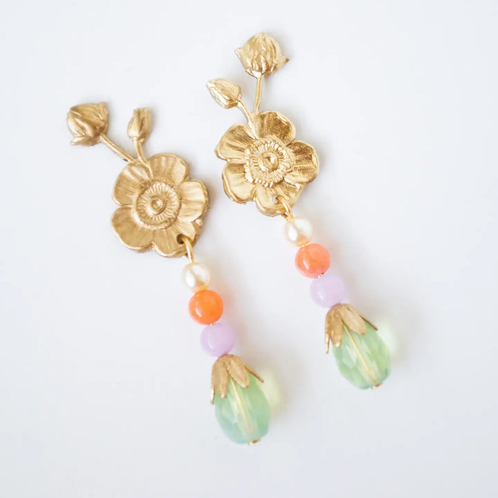 Floral Dangle Stud Earrings w/ multicolor glass beads.