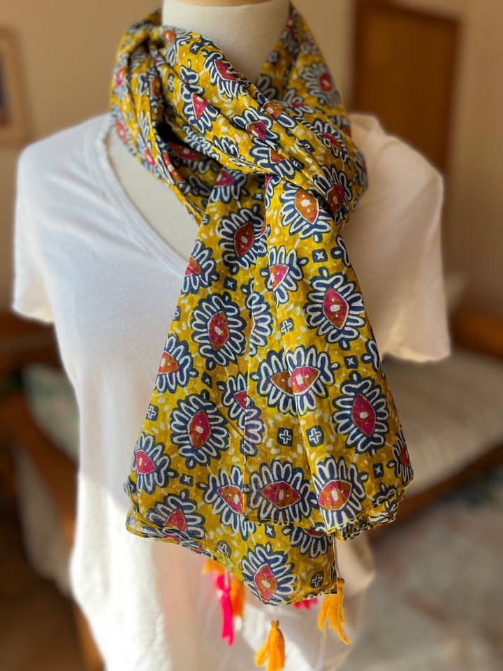 Cotton Scarf- Tasseled Mustard Eye