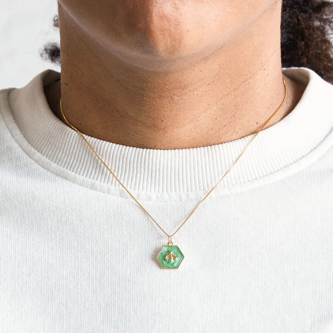 Green Hexagon Bee Medallion Necklace