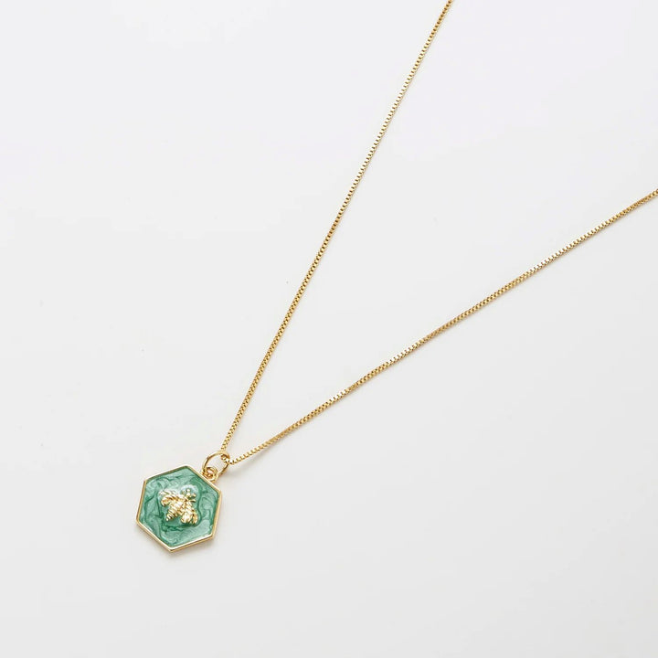 Green Hexagon Bee Medallion Necklace