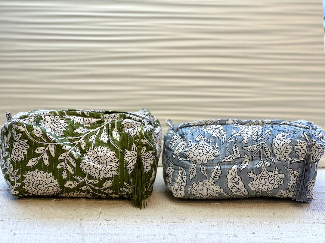 Block Print Quilted Cosmetic Bag- Green & White Floral