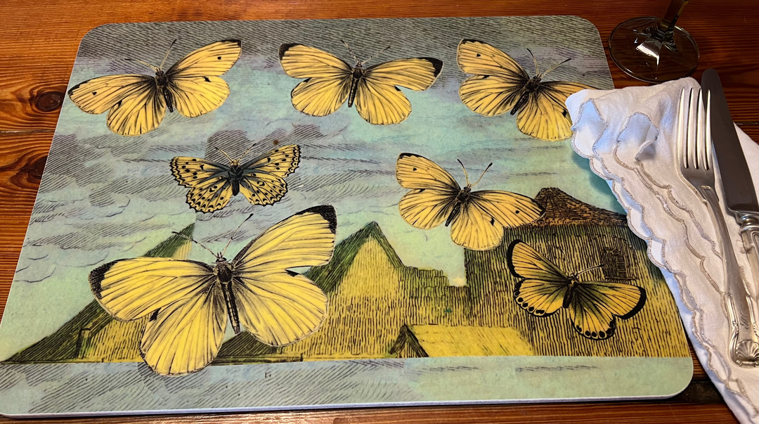Butterfly-themed placemat on a wooden table with a knife and fork.