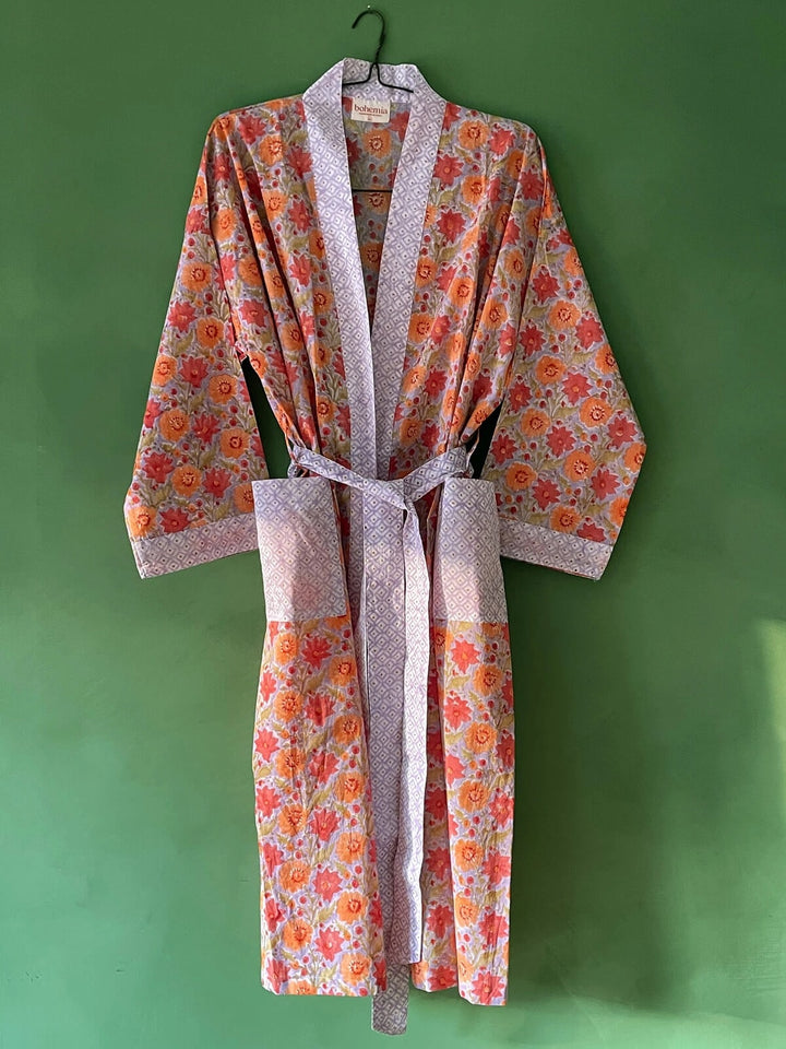 Block Print Cotton Robe- Lilac