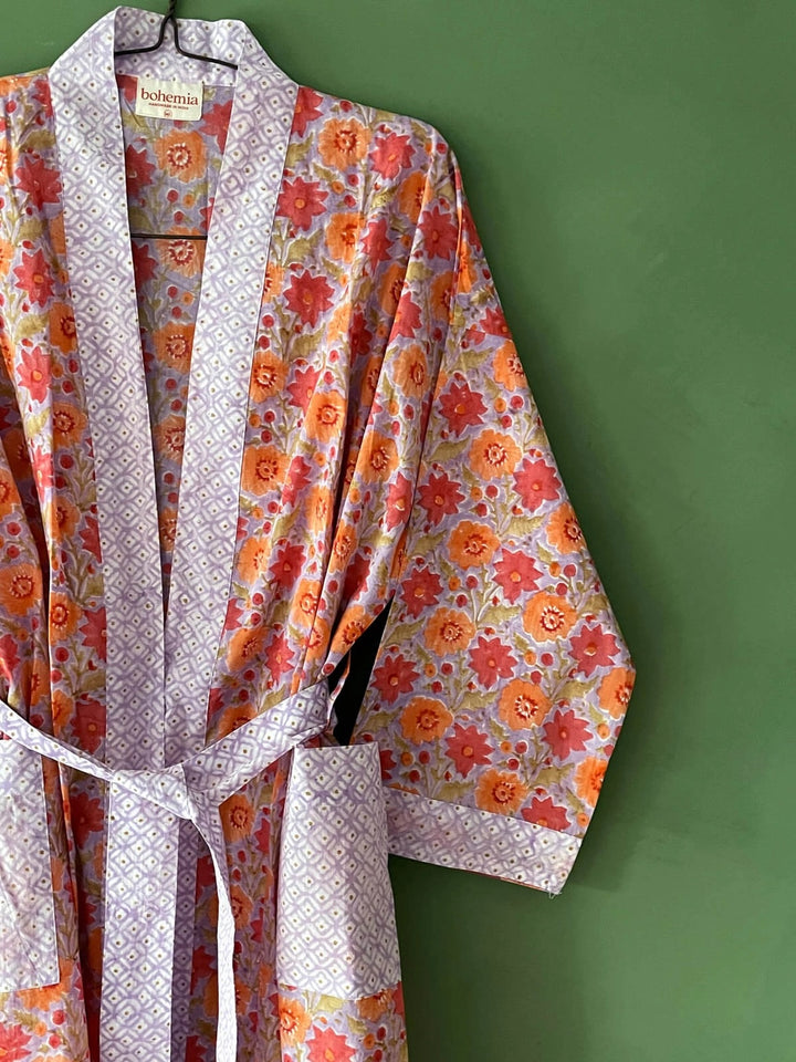 Block Print Cotton Robe- Lilac