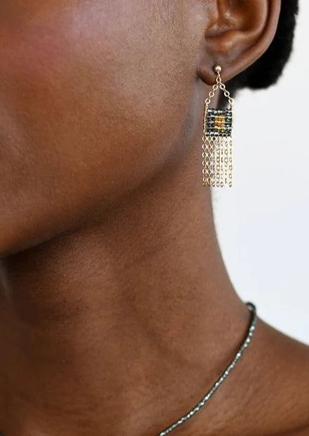 Small Pendant Earring w/ Chain Tassel- Shiny Graphite