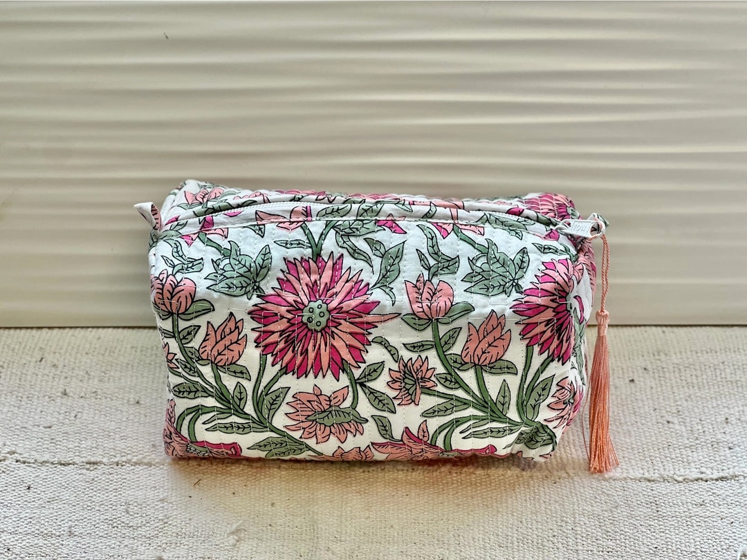 Block Print Quilted Cosmetic Bag- Pink & Green Floral