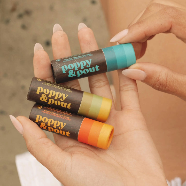 A collection of 3 Retro Surf chapsticks from Poppy and Pout