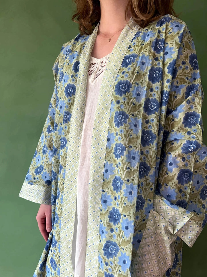 Block Print Cotton Robe- Sage