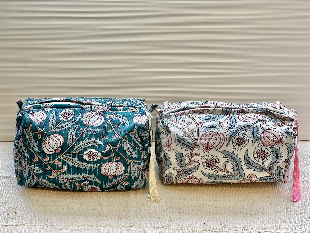 Block Print Quilted Cosmetic Bag- Blue Floral