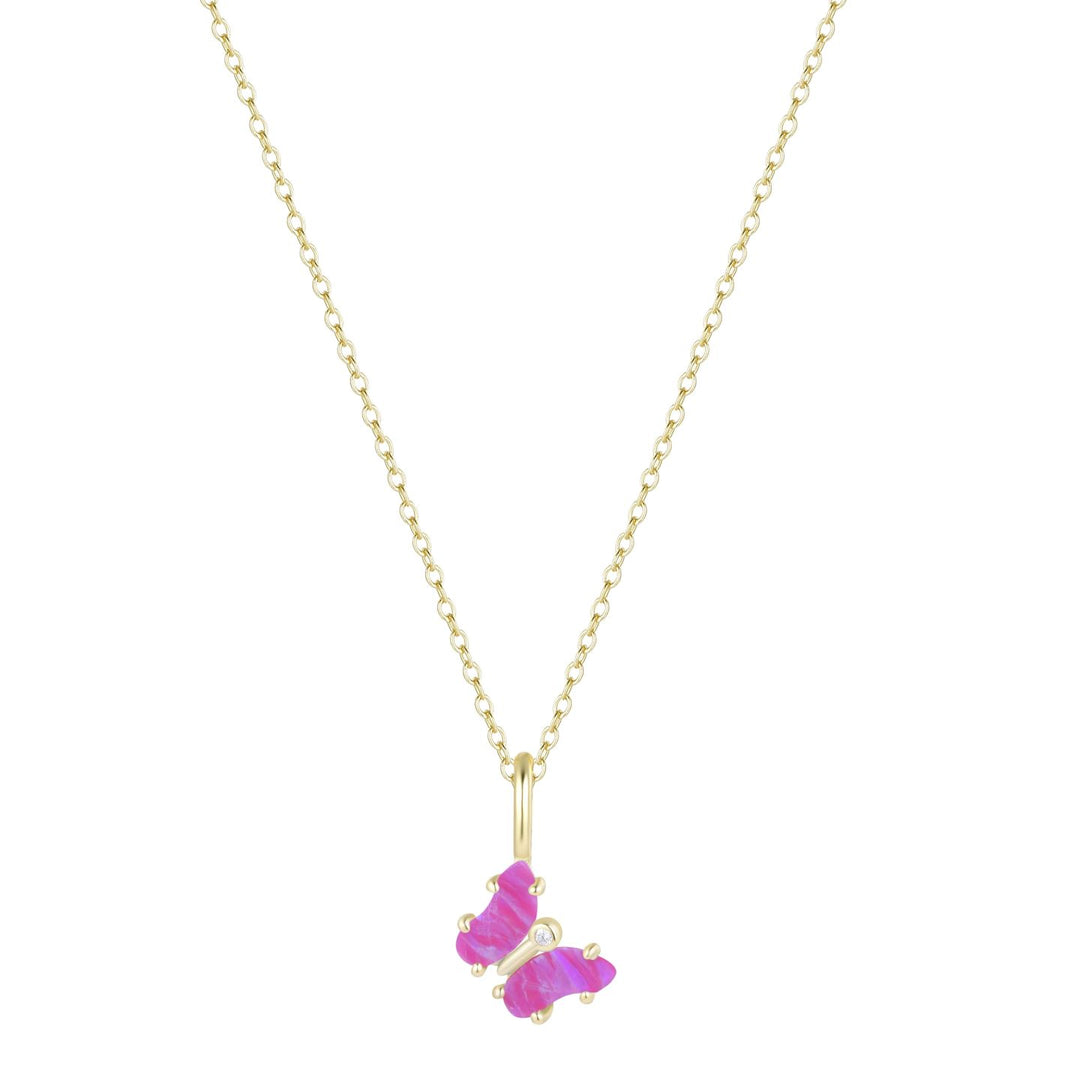 Mini Opal Butterfly Charm Necklace - Fuchsia