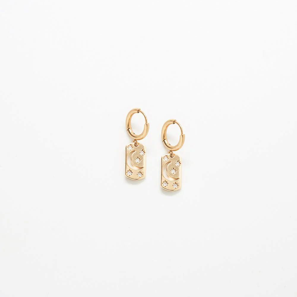 Moon & Star CZ Bar Huggie Earrings