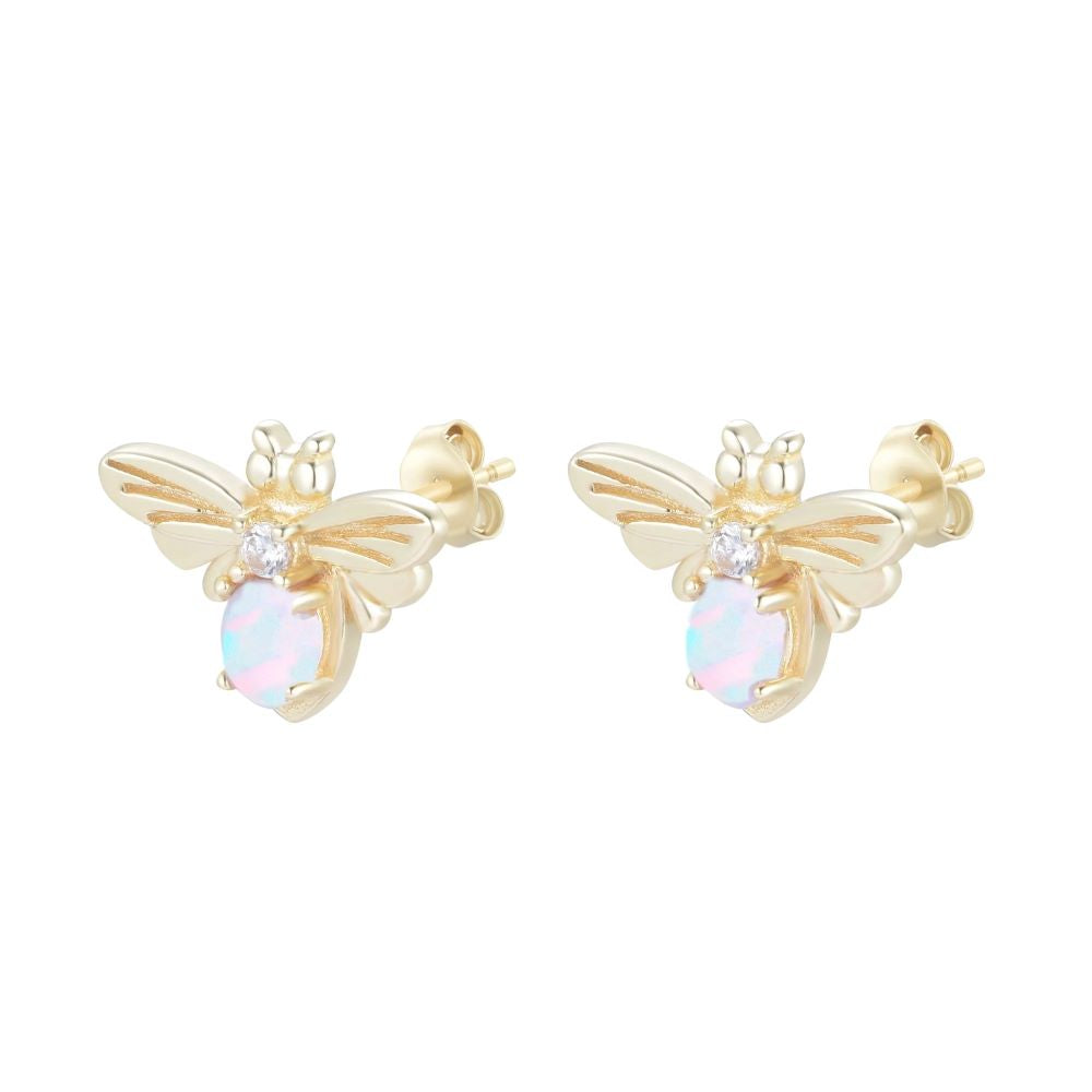 Opal Bee Gold Stud Earrings - White