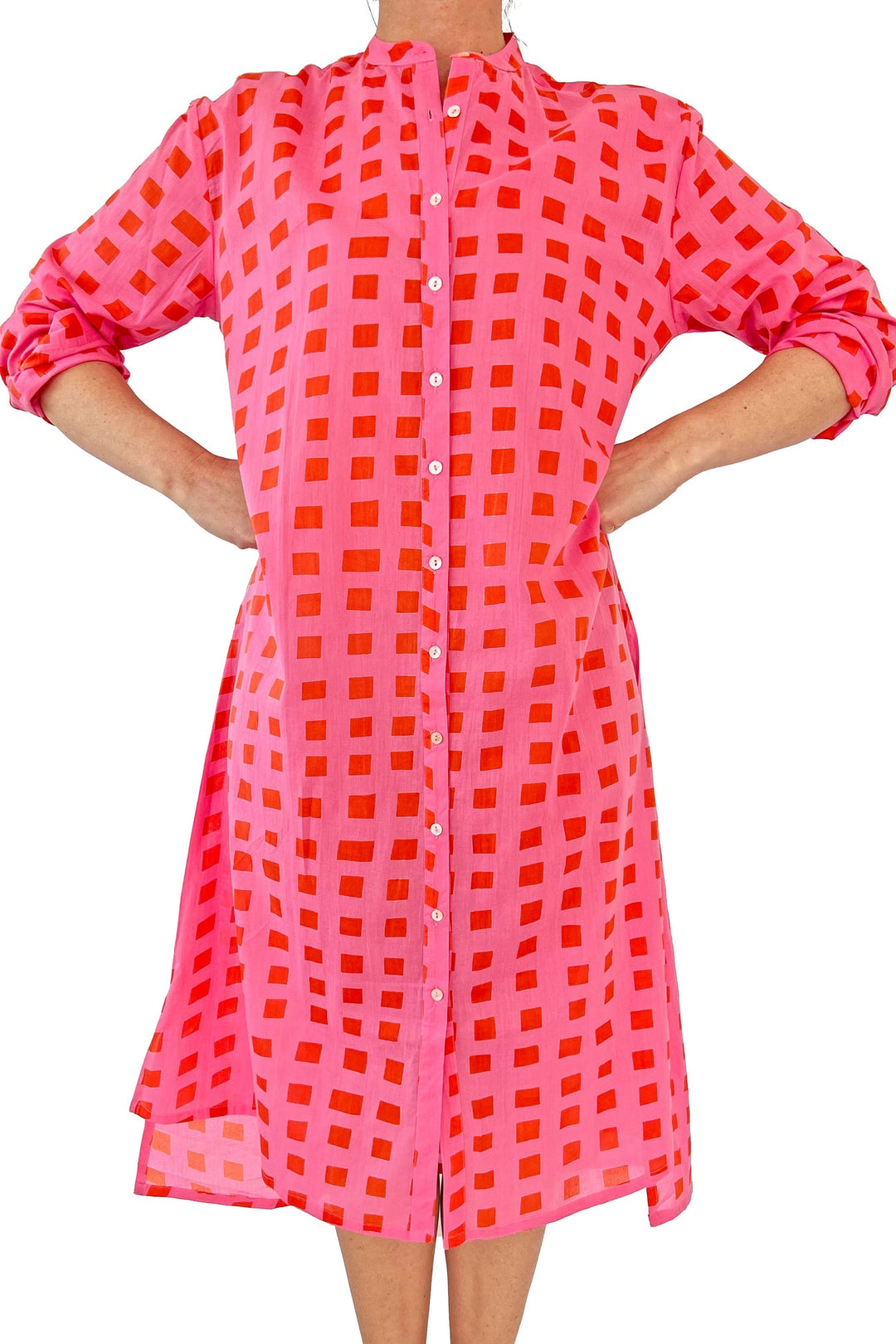 Summer Cotton Shirt Dress: Blocks Pink/Orange